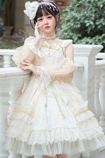 Lolita JSK Dress - Starry Night Square Collar, White, Square Collar, Bow Detail, Ruffled - additional product view 3