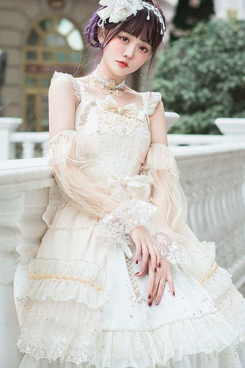 Lolita JSK Dress - Starry Night Square Collar, White, Square Collar, Bow Detail, Ruffled - additional product view 4