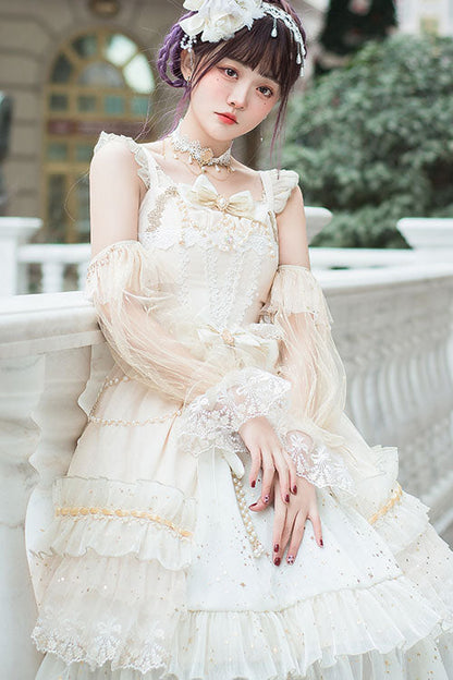 Lolita JSK Dress - Starry Night Square Collar, White, Square Collar, Bow Detail, Ruffled - additional product view 4