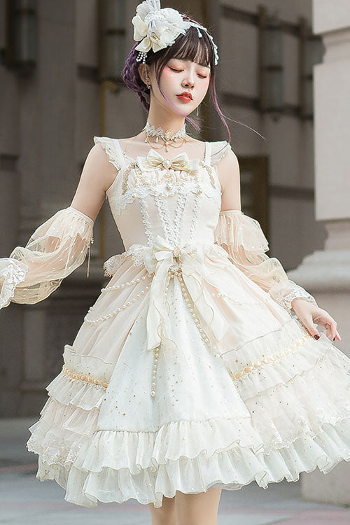 Lolita JSK Dress - Starry Night Square Collar, White, Square Collar, Bow Detail, Ruffled - additional product view 5
