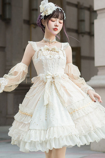 Lolita JSK Dress - Starry Night Square Collar, White, Square Collar, Bow Detail, Ruffled - additional product view 5
