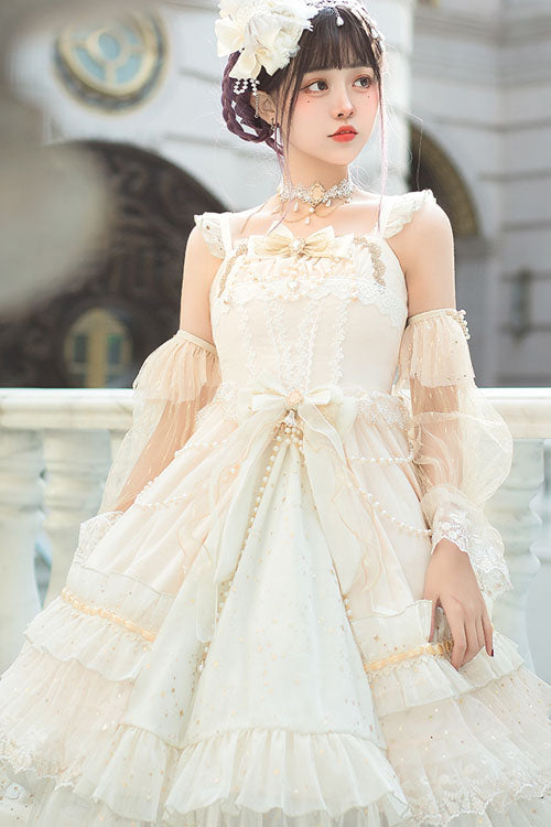 Lolita JSK Dress - Starry Night Square Collar, White, Square Collar, Bow Detail, Ruffled - additional product view 6
