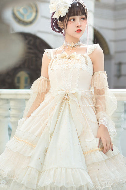 Lolita JSK Dress - Starry Night Square Collar, White, Square Collar, Bow Detail, Ruffled - additional product view 6