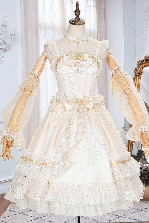 Lolita JSK Dress - Starry Night Square Collar, White, Square Collar, Bow Detail, Ruffled - main product image