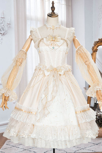 Lolita JSK Dress - Starry Night Square Collar, White, Square Collar, Bow Detail, Ruffled - main product image