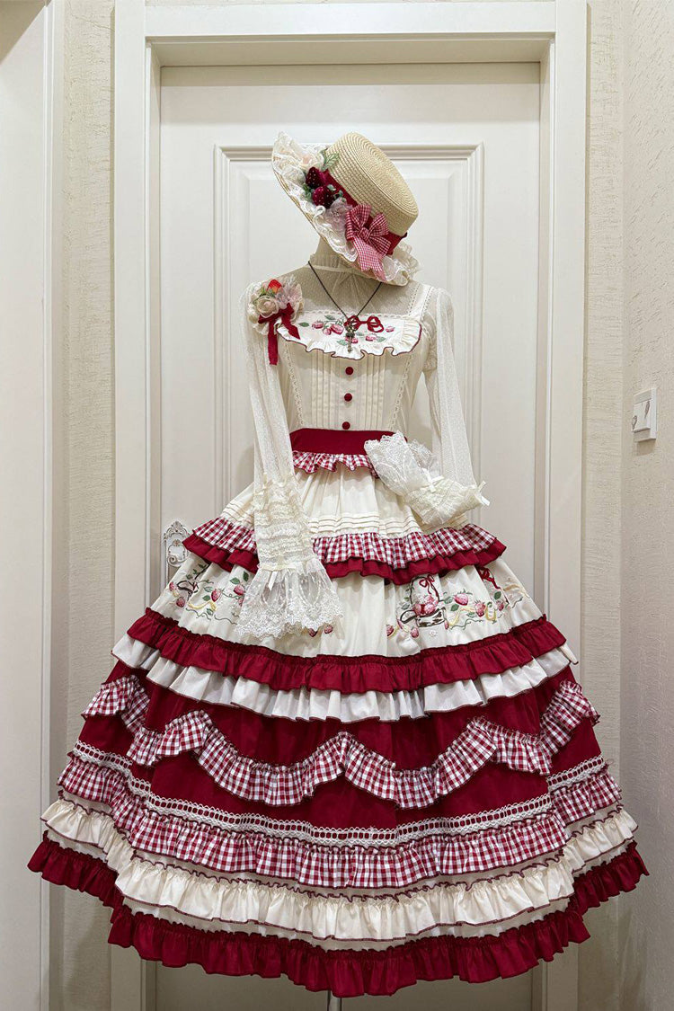 Lolita JSK Dress - Strawberry Basket, Red, Square Collar, Embroidered, Layered - additional product view 3