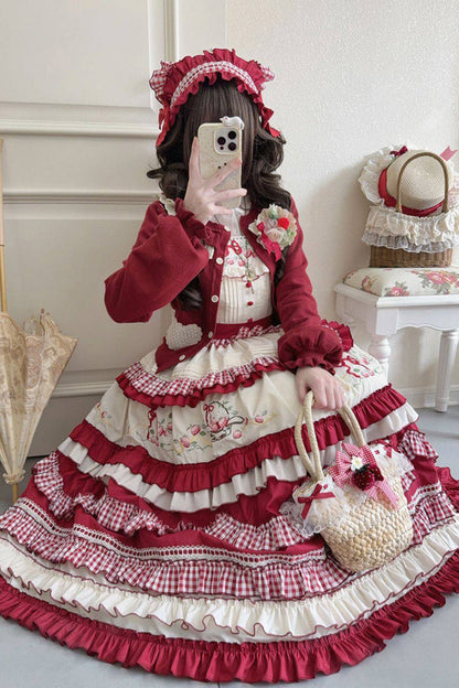Lolita JSK Dress - Strawberry Basket, Red, Square Collar, Embroidered, Layered - additional product view 4