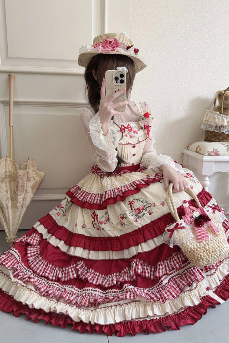 Lolita JSK Dress - Strawberry Basket, Red, Square Collar, Embroidered, Layered - additional product view 5