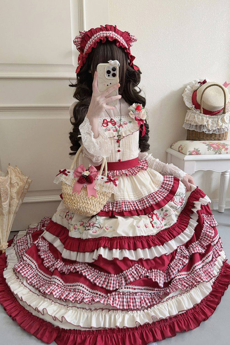 Lolita JSK Dress - Strawberry Basket, Red, Square Collar, Embroidered, Layered - additional product view 6