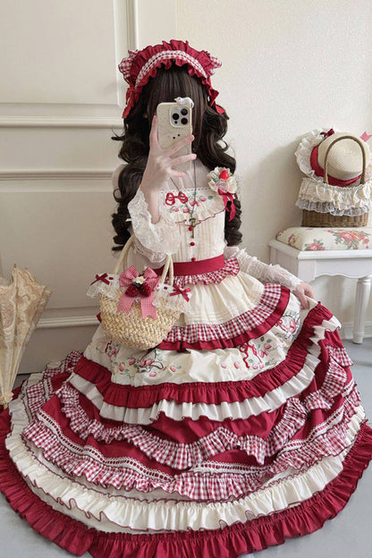 Lolita JSK Dress - Strawberry Basket, Red, Square Collar, Embroidered, Layered - additional product view 6