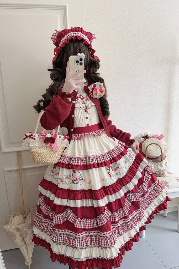 Lolita JSK Dress - Strawberry Basket, Red, Square Collar, Embroidered, Layered - additional product view 7