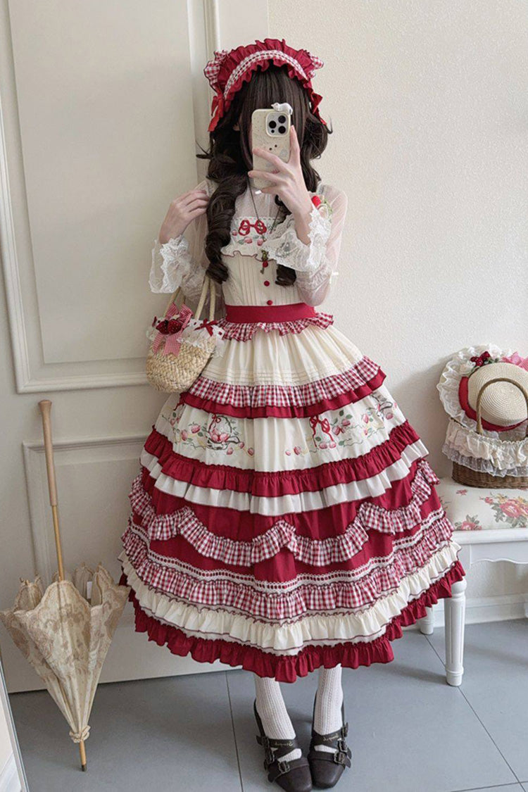 Lolita JSK Dress - Strawberry Basket, Red, Square Collar, Embroidered, Layered - main product image