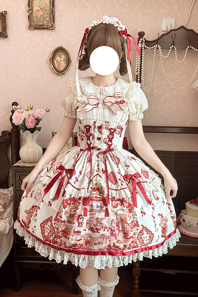 Lolita JSK Dress - Strawberry Bear, 2 Colors, Bow Detail, Lace Trim, Ruffled - main product image