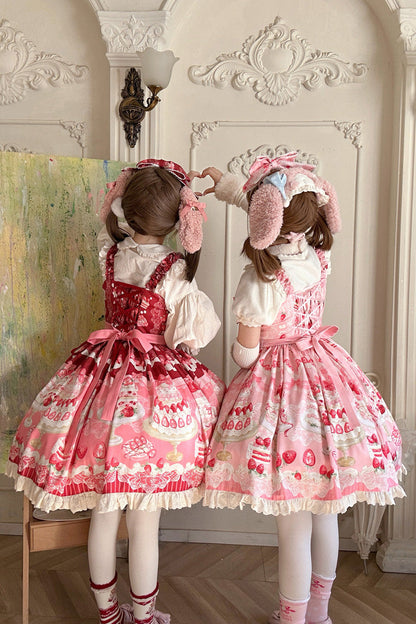 Lolita JSK Dress - Strawberry Cake, Pink, Bow Detail, Ruffled, Printed - additional product view 5