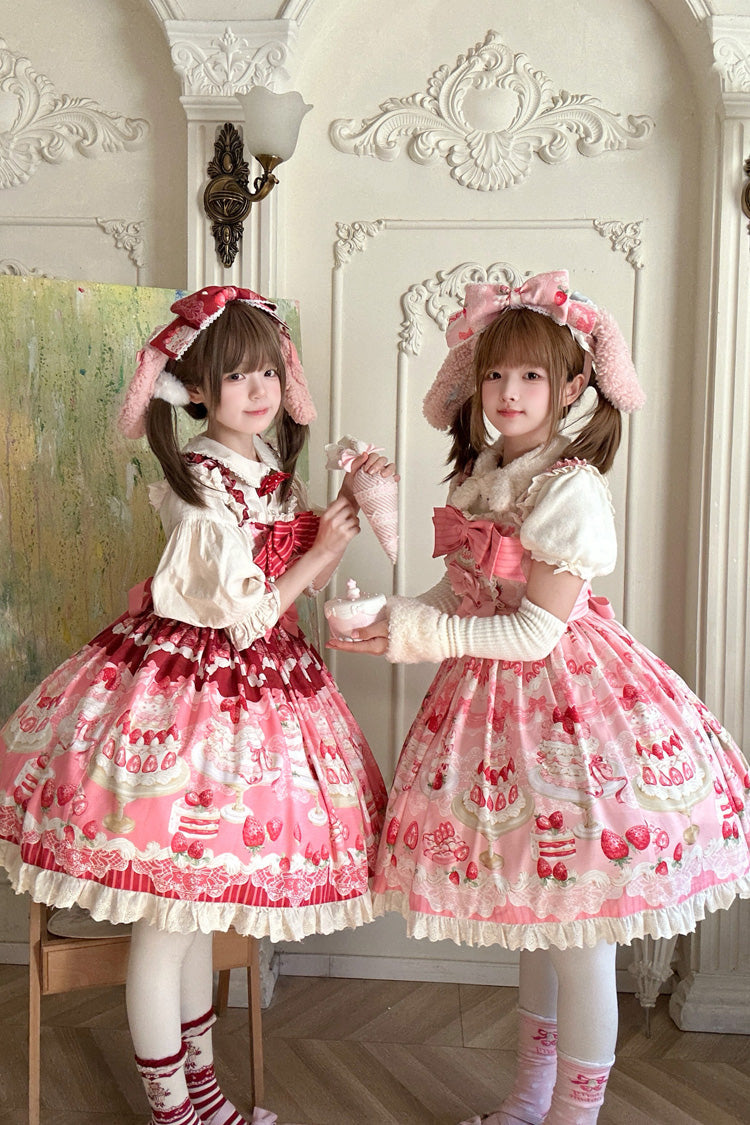 Lolita JSK Dress - Strawberry Cake, Pink, Bow Detail, Ruffled, Printed - additional product view 6