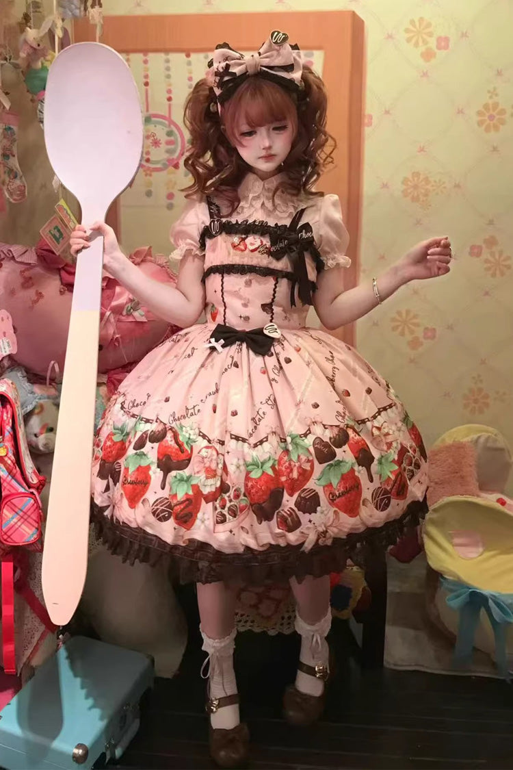 Lolita JSK Dress - Strawberry Chocolate Lover, Pink, Sweet Style, Bow Detail, Lace Trim - additional product view 2
