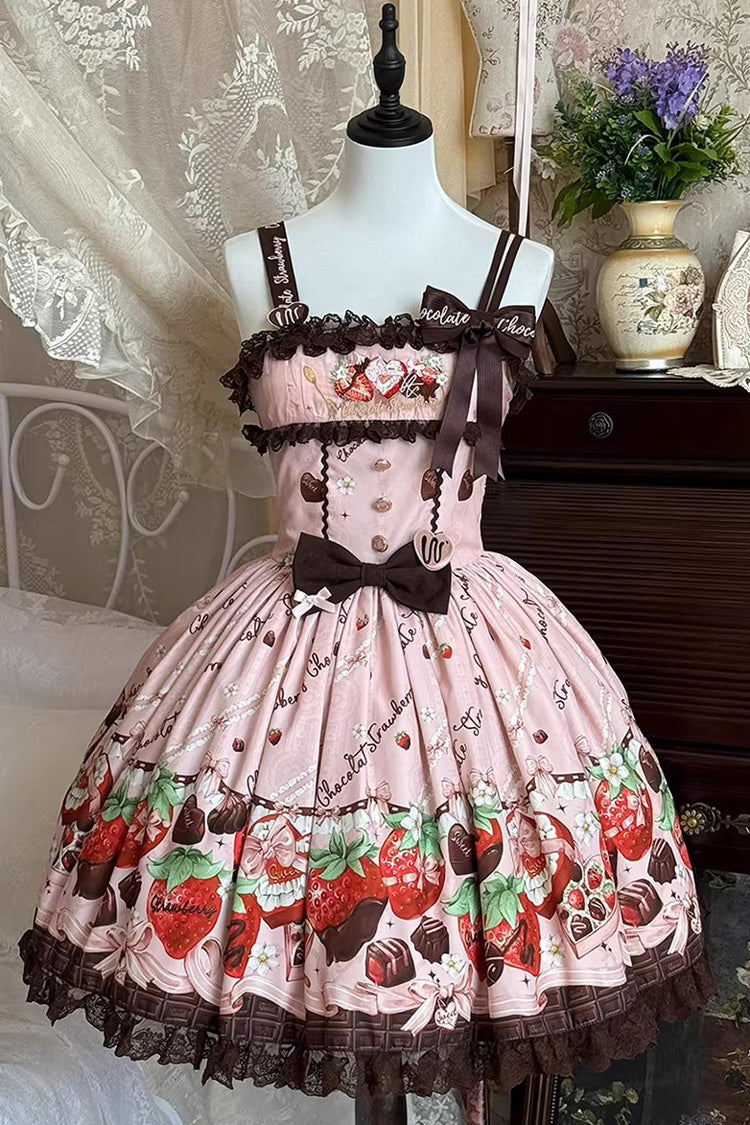 Lolita JSK Dress - Strawberry Chocolate Lover, Pink, Sweet Style, Bow Detail, Lace Trim - additional product view 3
