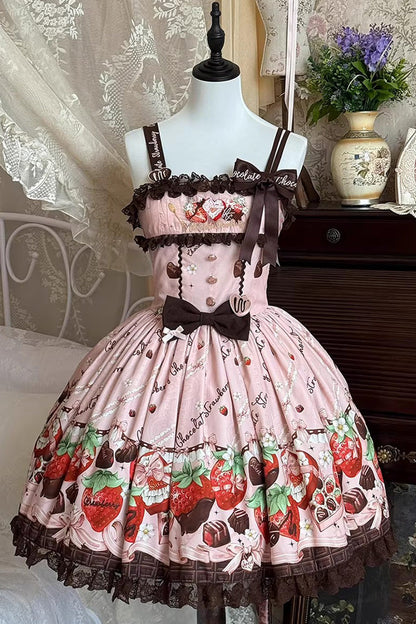 Lolita JSK Dress - Strawberry Chocolate Lover, Pink, Sweet Style, Bow Detail, Lace Trim - additional product view 3