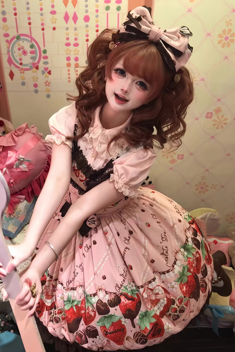 Lolita JSK Dress - Strawberry Chocolate Lover, Pink, Sweet Style, Bow Detail, Lace Trim - additional product view 4