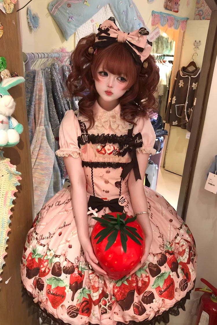 Lolita JSK Dress - Strawberry Chocolate Lover, Pink, Sweet Style, Bow Detail, Lace Trim - additional product view 5