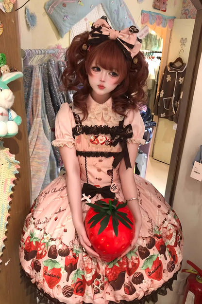 Lolita JSK Dress - Strawberry Chocolate Lover, Pink, Sweet Style, Bow Detail, Lace Trim - additional product view 5