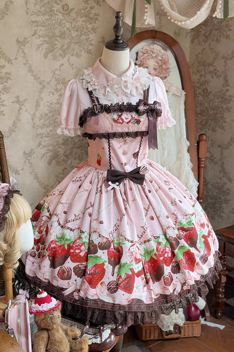 Lolita JSK Dress - Strawberry Chocolate Lover, Pink, Sweet Style, Bow Detail, Lace Trim - additional product view 6