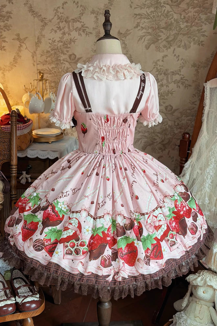 Lolita JSK Dress - Strawberry Chocolate Lover, Pink, Sweet Style, Bow Detail, Lace Trim - additional product view 7