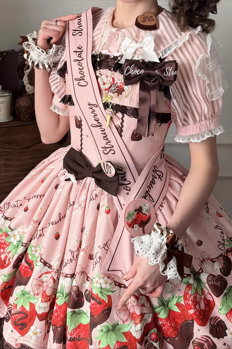 Lolita JSK Dress - Strawberry Chocolate Lover, Pink, Sweet Style, Bow Detail, Lace Trim - additional product view 8