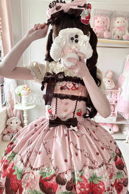 Lolita JSK Dress - Strawberry Chocolate Lover, Pink, Sweet Style, Bow Detail, Lace Trim - additional product view 9