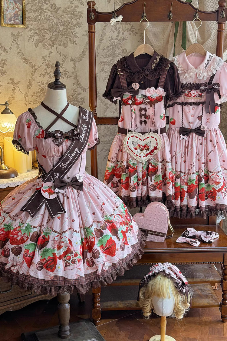 Lolita JSK Dress - Strawberry Chocolate Lover, Pink, Sweet Style, Bow Detail, Lace Trim - additional product view 14