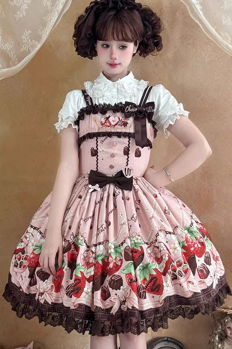 Lolita JSK Dress - Strawberry Chocolate Lover, Pink, Sweet Style, Bow Detail, Lace Trim - additional product view 15
