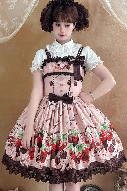Lolita JSK Dress - Strawberry Chocolate Lover, Pink, Sweet Style, Bow Detail, Lace Trim - additional product view 15
