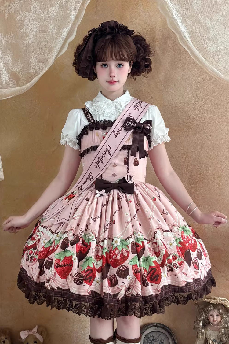 Lolita JSK Dress - Strawberry Chocolate Lover, Pink, Sweet Style, Bow Detail, Lace Trim - additional product view 16