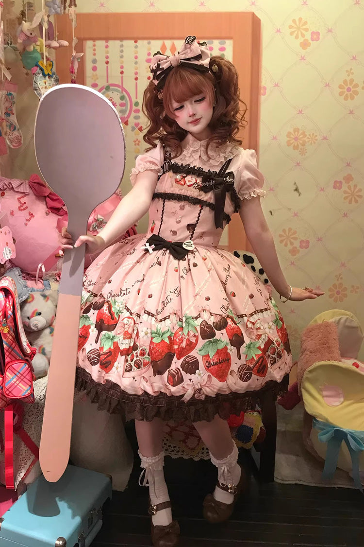 Lolita JSK Dress - Strawberry Chocolate Lover, Pink, Sweet Style, Bow Detail, Lace Trim - main product image