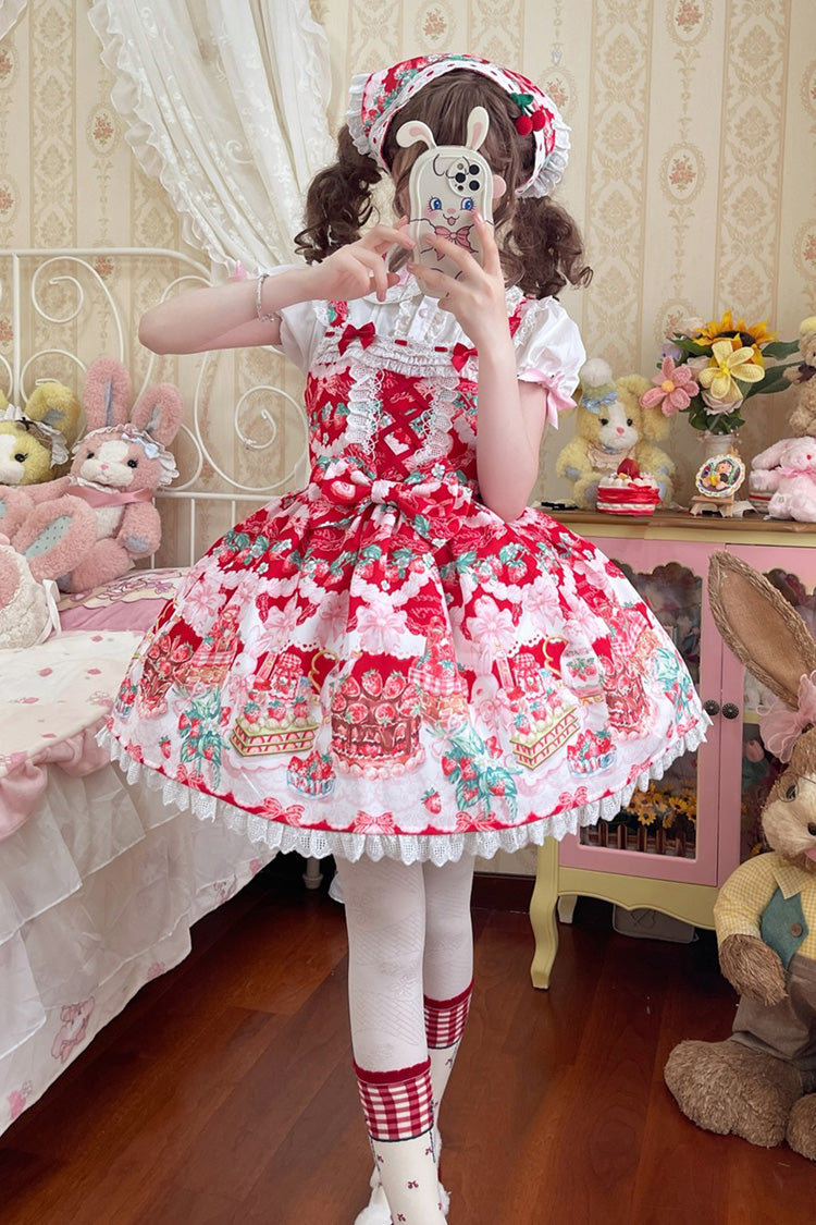 Lolita JSK Dress - Strawberry Cocoa Jam, Red, Bow Detail, Lace Trim, Ruffled - additional product view 2