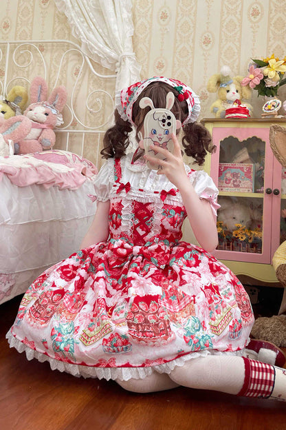 Lolita JSK Dress - Strawberry Cocoa Jam, Red, Bow Detail, Lace Trim, Ruffled - additional product view 3