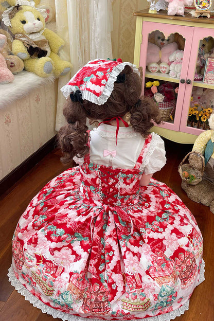 Lolita JSK Dress - Strawberry Cocoa Jam, Red, Bow Detail, Lace Trim, Ruffled - additional product view 4