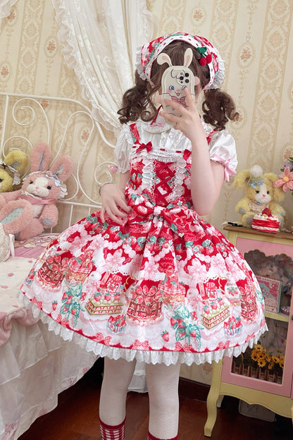 Lolita JSK Dress - Strawberry Cocoa Jam, Red, Bow Detail, Lace Trim, Ruffled - additional product view 5