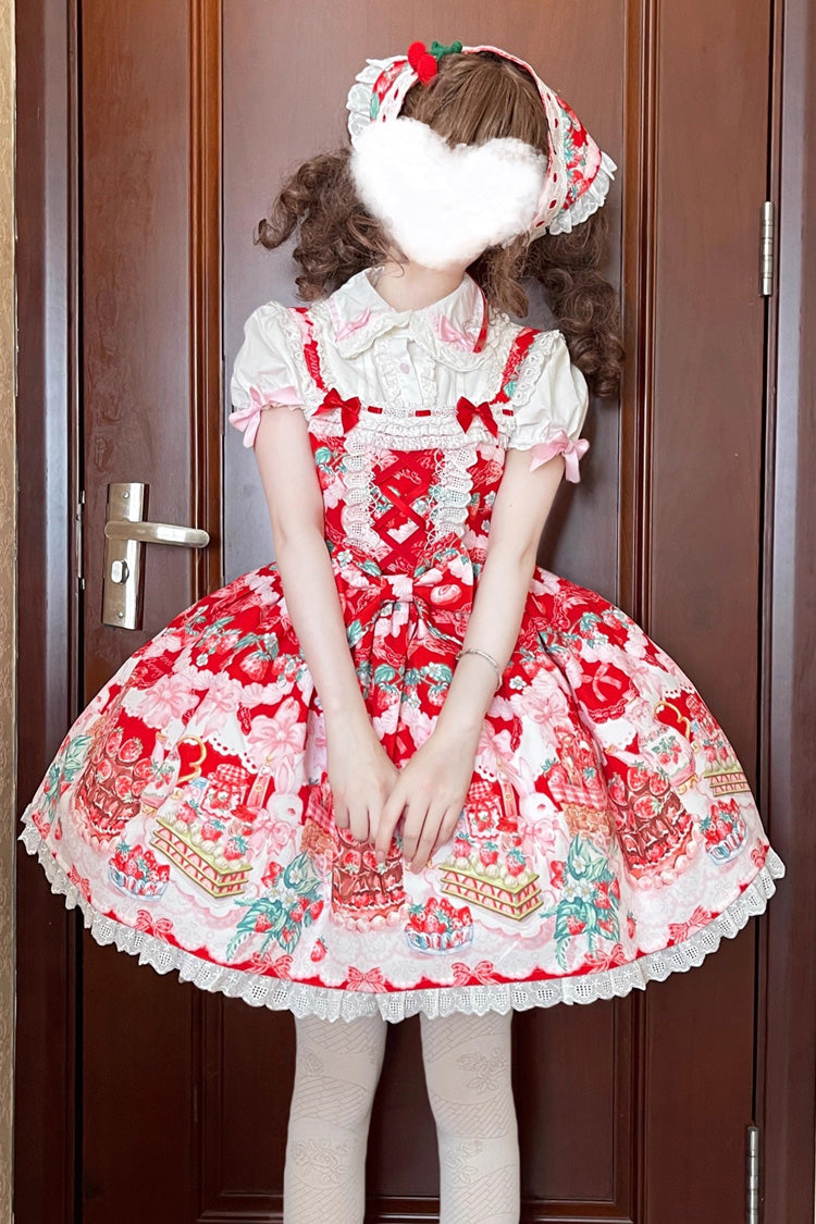 Lolita JSK Dress - Strawberry Cocoa Jam, Red, Bow Detail, Lace Trim, Ruffled - main product image