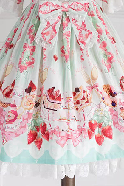 Lolita JSK Dress - Strawberry Feast, 4 Colors, Bow Detail, Ruffled, Printed - S Green / L Green option