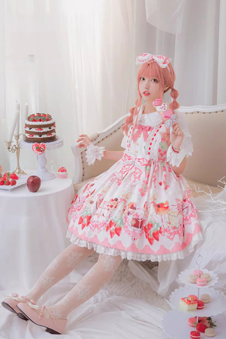 Lolita JSK Dress - Strawberry Feast, 4 Colors, Bow Detail, Ruffled, Printed - S Pink / L Pink option