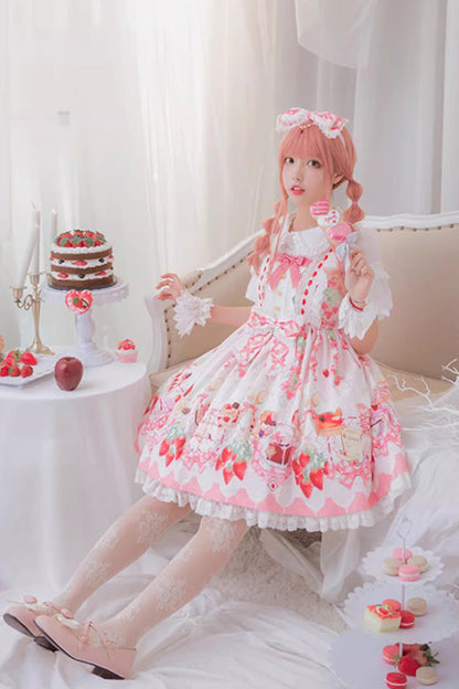 Lolita JSK Dress - Strawberry Feast, 4 Colors, Bow Detail, Ruffled, Printed - S Pink / L Pink option