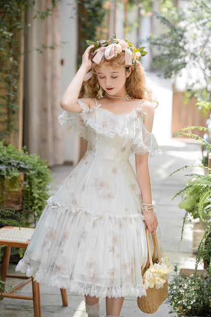 Lolita JSK Dress - Sunflower Dance Print, White, Sweet Style, Printed - additional product view 3