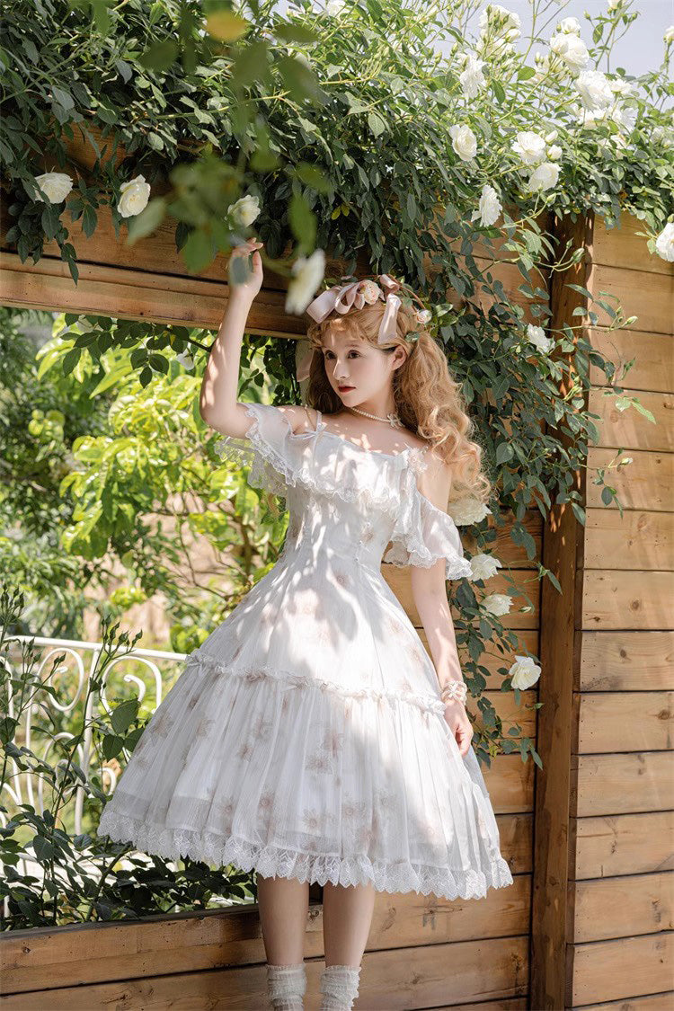 Lolita JSK Dress - Sunflower Dance Print, White, Sweet Style, Printed - additional product view 6