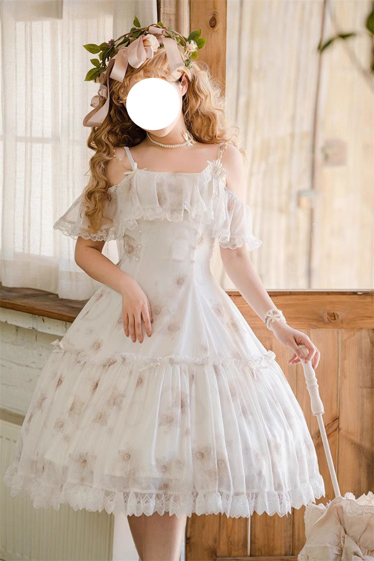 Lolita JSK Dress - Sunflower Dance Print, White, Sweet Style, Printed - main product image