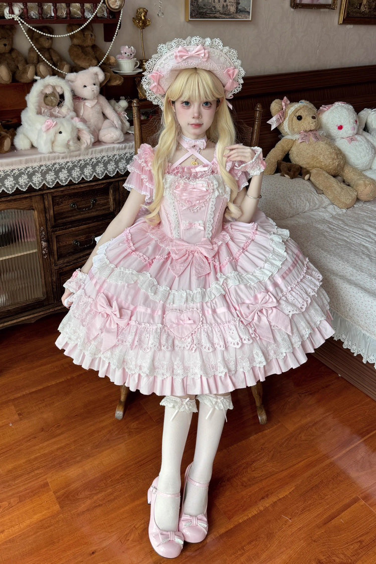Lolita JSK Dress - Super Cute Belia, Pink, Sweet Style, Bow Detail, Lace Trim - additional product view 2
