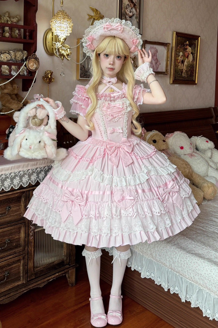 Lolita JSK Dress - Super Cute Belia, Pink, Sweet Style, Bow Detail, Lace Trim - main product image