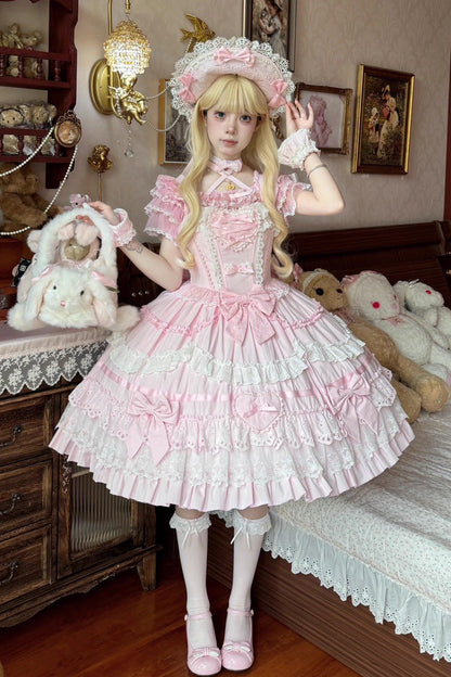Lolita JSK Dress - Super Cute Belia, Pink, Sweet Style, Bow Detail, Lace Trim - main product image