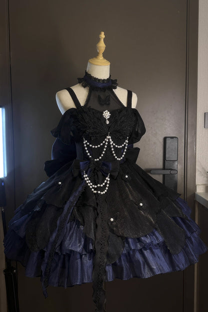 Lolita JSK Dress - Swan Lake, 2 Colors, Gothic Style, Bow Detail, Ruffled - S Black/Blue / M Black/Blue / L Black/Blue option