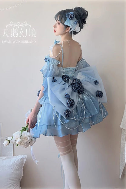 Lolita JSK Dress - Swan Wonderland, Blue, Short Version, Short Length, Bow Detail - additional product view 6